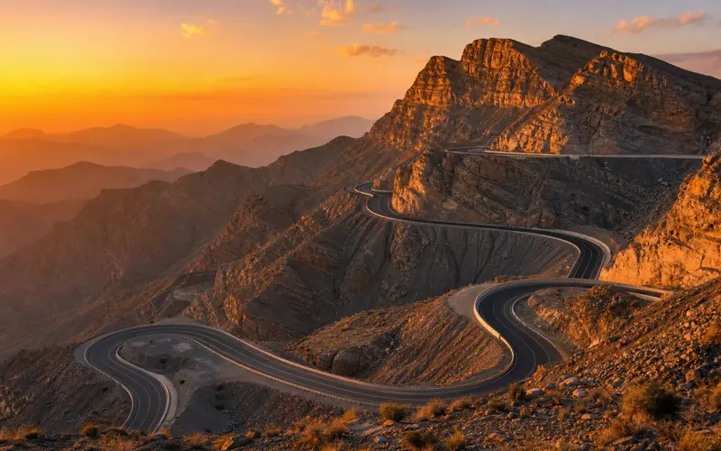 The switchback road climbing Jebel Jais at sunset